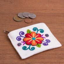 Load image into Gallery viewer, Embroidered Floral White Alpaca Blend Coin Purse - Floral Keeper in White | NOVICA
