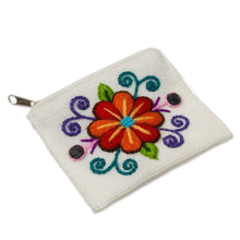 Load image into Gallery viewer, Embroidered Floral White Alpaca Blend Coin Purse - Floral Keeper in White | NOVICA