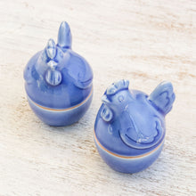 Load image into Gallery viewer, Blue Ceramic Hen Egg Cups from Thailand (Pair) - Hen Breakfast | NOVICA