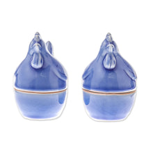 Load image into Gallery viewer, Blue Ceramic Hen Egg Cups from Thailand (Pair) - Hen Breakfast | NOVICA