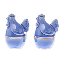 Load image into Gallery viewer, Blue Ceramic Hen Egg Cups from Thailand (Pair) - Hen Breakfast | NOVICA