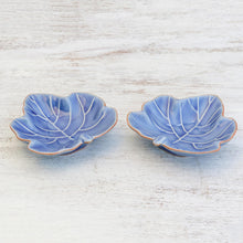 Load image into Gallery viewer, Leafy Blue Ceramic Appetizer Bowls from Thailand (Pair) - Ivy Gourd | NOVICA