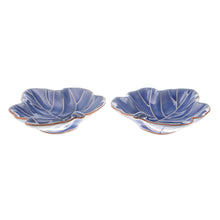 Load image into Gallery viewer, Leafy Blue Ceramic Appetizer Bowls from Thailand (Pair) - Ivy Gourd | NOVICA