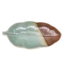 Load image into Gallery viewer, Leaf-Shaped Celadon Ceramic Platter from Thailand - Nature Present | NOVICA