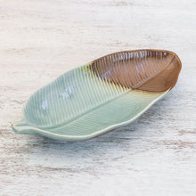 Load image into Gallery viewer, Leaf-Shaped Celadon Ceramic Platter from Thailand - Nature Present | NOVICA