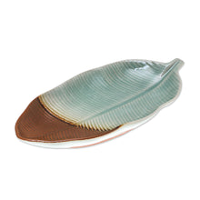 Load image into Gallery viewer, Leaf-Shaped Celadon Ceramic Platter from Thailand - Nature Present | NOVICA
