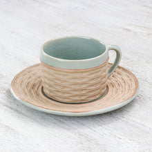 Load image into Gallery viewer, Handcrafted Wicker Motif Celadon Ceramic Cup and Saucer - Wicker in Green | NOVICA