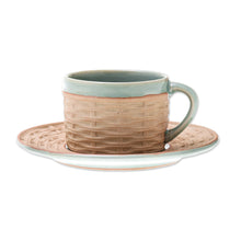 Load image into Gallery viewer, Handcrafted Wicker Motif Celadon Ceramic Cup and Saucer - Wicker in Green | NOVICA