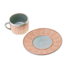 Load image into Gallery viewer, Handcrafted Wicker Motif Celadon Ceramic Cup and Saucer - Wicker in Green | NOVICA