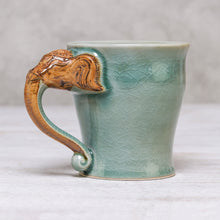 Load image into Gallery viewer, Celadon Ceramic Elephant Mug in Green from Thailand (10 oz.) - Elephant Handle in Green | NOVICA