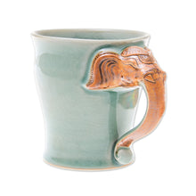Load image into Gallery viewer, Celadon Ceramic Elephant Mug in Green from Thailand (10 oz.) - Elephant Handle in Green | NOVICA