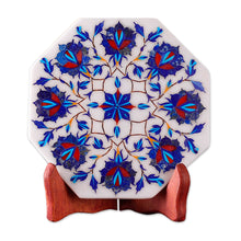Load image into Gallery viewer, Marble Inlay Decorative Plate with Blue Floral Motifs - Floral Imagination | NOVICA