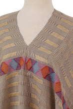 Load image into Gallery viewer, Handwoven Cotton Poncho with Line Patterns in Sand - Lines in the Sand | NOVICA