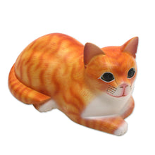 Load image into Gallery viewer, Signed Wood Sculpture of a Lying Cat in Orange from Bali - Lying Cat in Orange | NOVICA