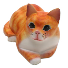 Load image into Gallery viewer, Signed Wood Sculpture of a Lying Cat in Orange from Bali - Lying Cat in Orange | NOVICA