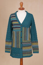 Load image into Gallery viewer, Cable Knit 100% Alpaca Cardigan in Teal from Peru - Patchwork in Teal | NOVICA