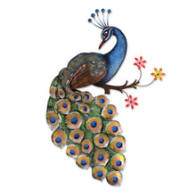 Load image into Gallery viewer, Floral Steel Peacock Wall Sculpture from Mexico - Peacock and Flowers | NOVICA
