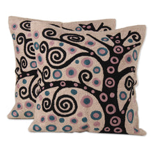Load image into Gallery viewer, Black Tree Embroidered Cotton Cushion Covers (Pair) - Cheery Tree | NOVICA