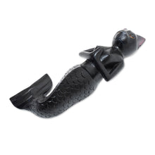 Load image into Gallery viewer, Black Suar Wood Mermaid Cat Wall Sculpture from Bali - Black Mermaid Cat | NOVICA