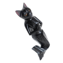 Load image into Gallery viewer, Black Suar Wood Mermaid Cat Wall Sculpture from Bali - Black Mermaid Cat | NOVICA