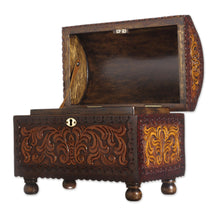 Load image into Gallery viewer, Vine Pattern Leather and Wood Jewelry Chest from Peru - Colonial Style | NOVICA