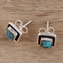 Load image into Gallery viewer, Square Sterling Silver and Composite Turquoise Stud Earrings - Mystic Frame | NOVICA