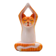 Load image into Gallery viewer, Orange Suar Wood Asana Pose Yoga Cat Sculpture from Bali - Toward the Sky Orange Yoga Cat | NOVICA