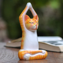 Load image into Gallery viewer, Orange Suar Wood Asana Pose Yoga Cat Sculpture from Bali - Toward the Sky Orange Yoga Cat | NOVICA