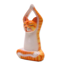 Load image into Gallery viewer, Orange Suar Wood Asana Pose Yoga Cat Sculpture from Bali - Toward the Sky Orange Yoga Cat | NOVICA