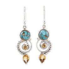 Load image into Gallery viewer, Citrine and Composite Turquoise Spiral Dangle Earrings - Cool Labyrinth | NOVICA