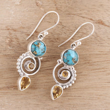Load image into Gallery viewer, Citrine and Composite Turquoise Spiral Dangle Earrings - Cool Labyrinth | NOVICA