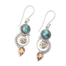 Load image into Gallery viewer, Citrine and Composite Turquoise Spiral Dangle Earrings - Cool Labyrinth | NOVICA