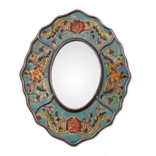 Load image into Gallery viewer, Turquoise Floral Reverse-Painted Glass Wall Mirror from Peru - Antique Reflections | NOVICA