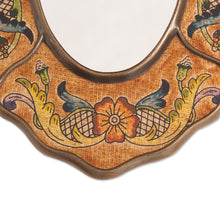 Load image into Gallery viewer, Brown Floral Reverse-Painted Glass Wall Mirror from Peru - Caramel Colonial Wreath | NOVICA
