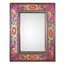Load image into Gallery viewer, Floral Reverse-Painted Glass Wall Mirror in Purple from Peru - Floral Medallions in Purple | NOVICA