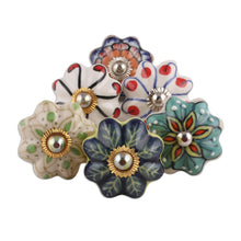 Load image into Gallery viewer, Floral Ceramic Knobs Crafted in India (Set of 6) - Floral Homestead | NOVICA