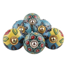 Load image into Gallery viewer, Vibrant Floral Ceramic Knobs from India (Set of 6) - Charming Globes | NOVICA