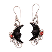 Load image into Gallery viewer, Garnet and Black Horn Crescent Moon Dangle Earrings - Face of Midnight | NOVICA