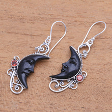 Load image into Gallery viewer, Garnet and Black Horn Crescent Moon Dangle Earrings - Face of Midnight | NOVICA