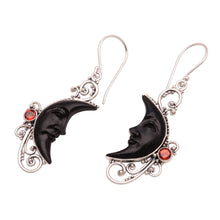 Load image into Gallery viewer, Garnet and Black Horn Crescent Moon Dangle Earrings - Face of Midnight | NOVICA