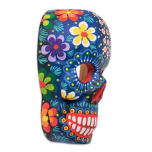 Load image into Gallery viewer, Hand-Painted Blue Floral Wood Skull Mask from Guatemala - Life and Happiness | NOVICA