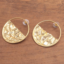 Load image into Gallery viewer, Circular Modern Gold-Plated Brass Drop Earrings from Bali - Surface Waves | NOVICA