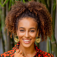 Load image into Gallery viewer, Circular Modern Gold-Plated Brass Drop Earrings from Bali - Surface Waves | NOVICA