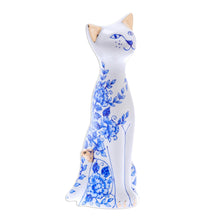 Load image into Gallery viewer, Floral Benjarong Porcelain Cat Statuette (7.5 in.) - Happy Floral Cat | NOVICA