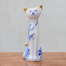 Load image into Gallery viewer, Floral Benjarong Porcelain Cat Statuette (7.5 in.) - Happy Floral Cat | NOVICA