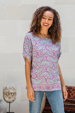 Load image into Gallery viewer, Batik Rayon Shirt in Mint and Magenta from Bali - Gingko Leaf | NOVICA