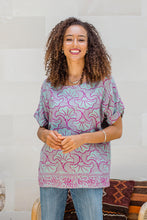 Load image into Gallery viewer, Batik Rayon Shirt in Mint and Magenta from Bali - Gingko Leaf | NOVICA