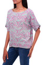 Load image into Gallery viewer, Batik Rayon Shirt in Mint and Magenta from Bali - Gingko Leaf | NOVICA