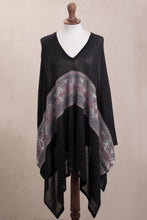 Load image into Gallery viewer, Geometric Pattern Cotton Blend Poncho in Black - Mysterious Andes | NOVICA