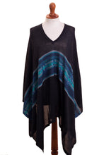 Load image into Gallery viewer, Artisan Crafted Cotton Blend Poncho in Black and Blue - Seasonal Escape | NOVICA